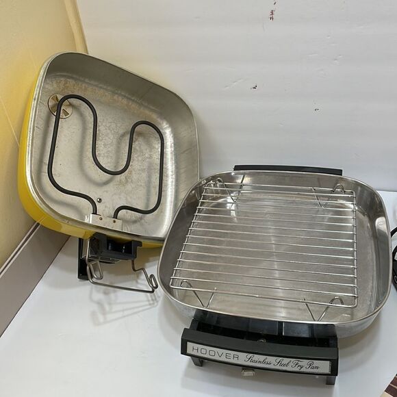 VINTAGE‎ 70s HOOVER STAINLESS STEEL YELLOW FRY PAN WITH BROILER LID - Picture 5 of 16